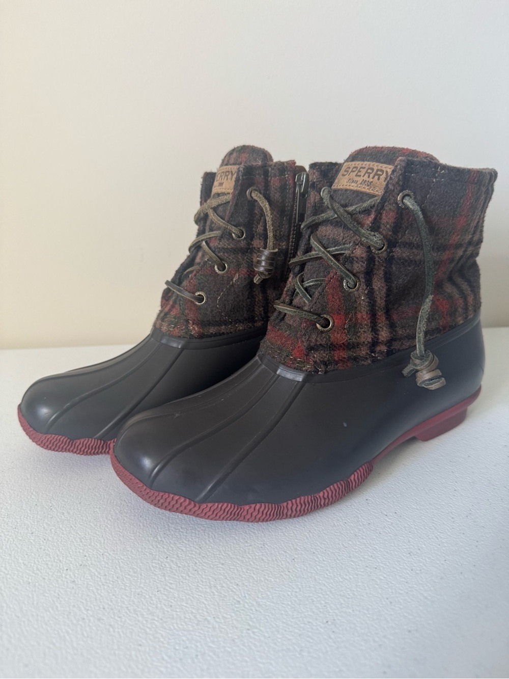 Sperry Plaid Duck Rain Boots in Brown and Red